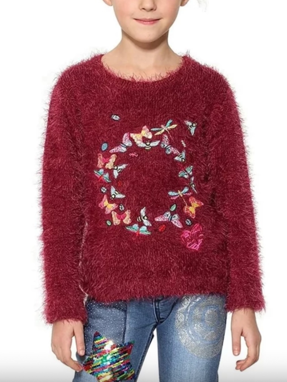 Desigual maroon fuzzy eyelash embroidered butterfly insect sequin sweater 9-10